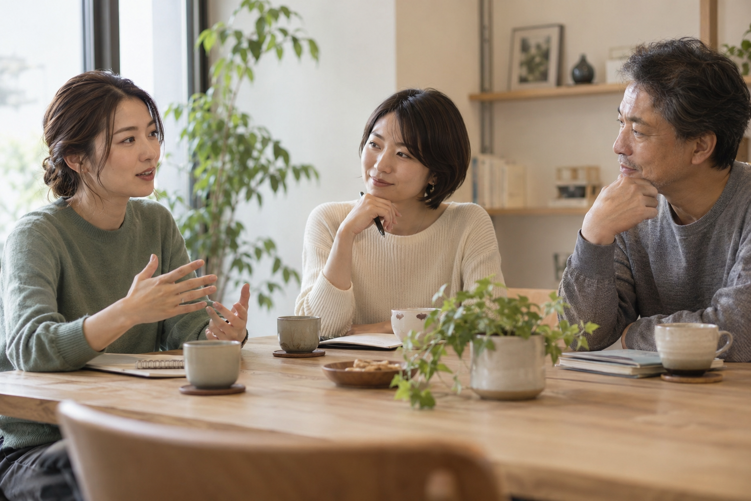職場で経験や思いを語り合う人たちのイメージ